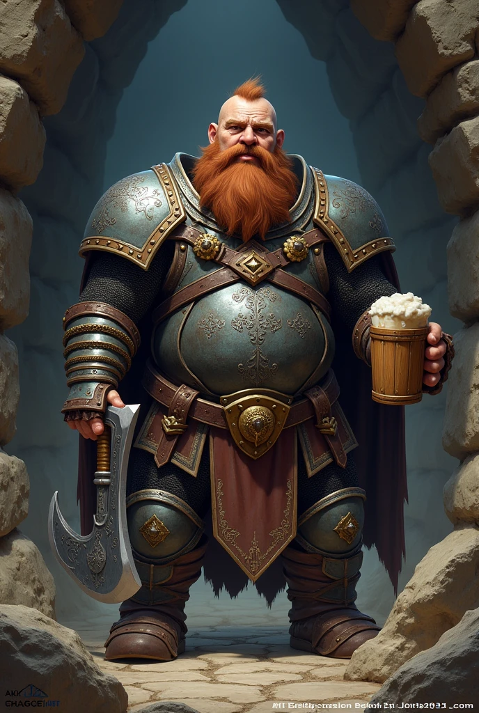 Muscular, Swole, FAT, Knight, Dwarf, Red Beard, Mohawk Hair, Golden Armor Armor, Smiling, Drinking in a Tavern, Best Quality, Full HD,