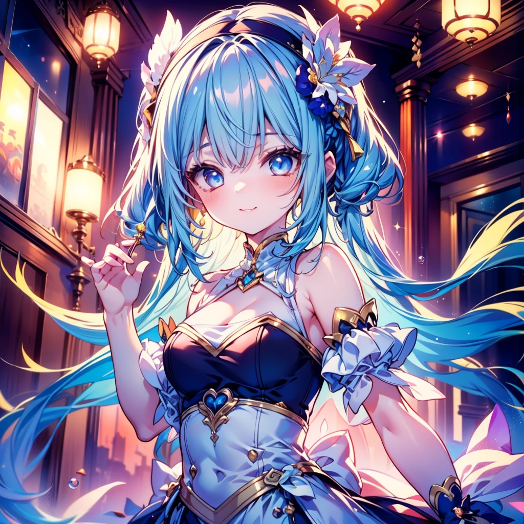 (Highest quality, 8k, 32K, masterpiece, Ultra-high resolution,:1.2),to be born, One Girl,So cute , Electronic fantasy background, clear, Shining Eyes, Age 25 ,Fair skin, Blue Hair Girl, Fantasy Clothing, Long Hair, An innocent smile, Large Breasts, Big Breasts, night, Earrings, necklace, mini skirt, hat, Long Hair