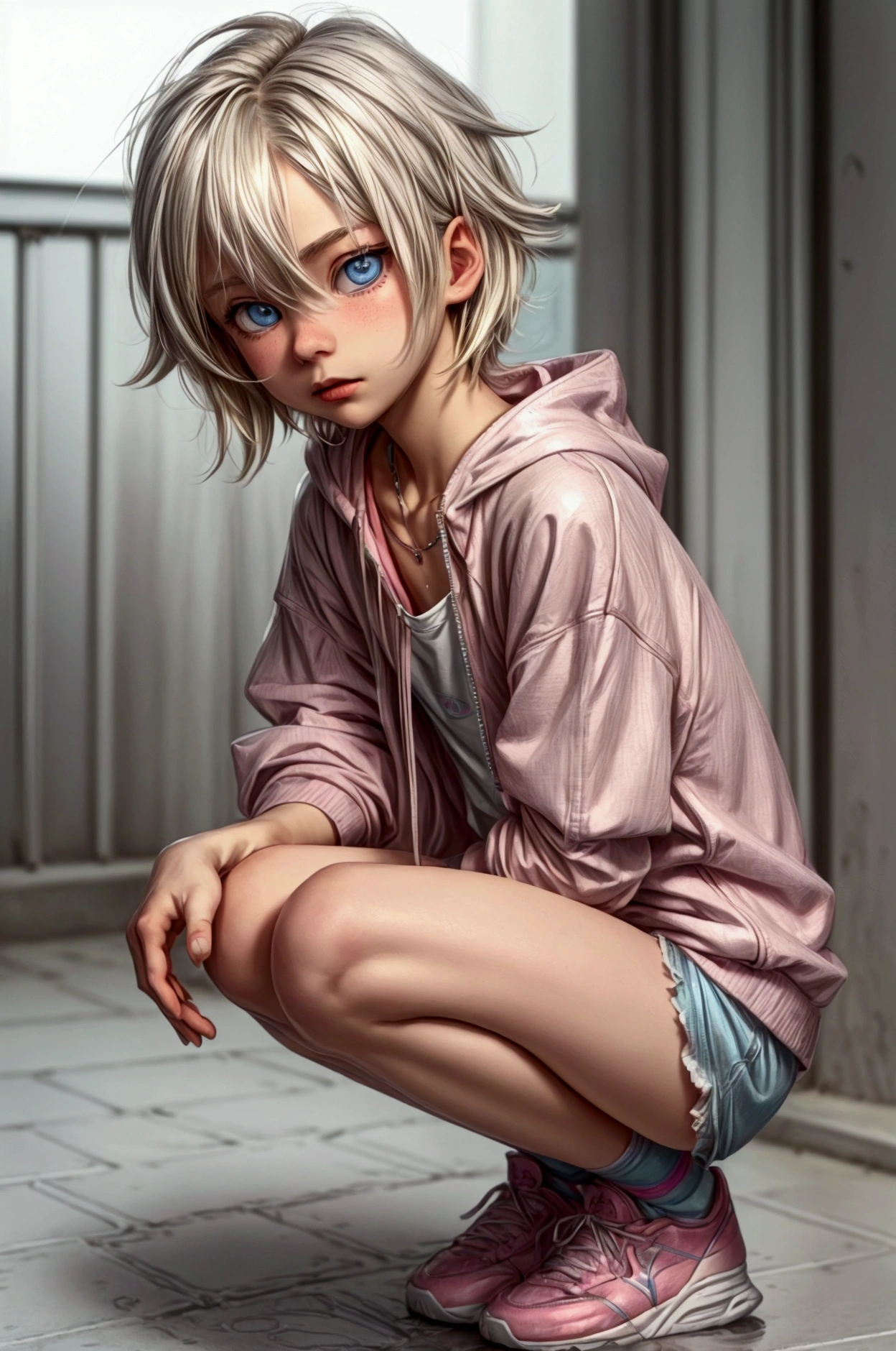 Anime style, Highres, Masterpiece, Best quality at best, Best Quality, hight quality, hight detailed, 1boy, (**********), boy, blonde boy, blond Hair, perfect boy body, cute boy, detailed light blue eyes, detailed eyes, short hair, messy hair, pastel rainbow inner hair color mesh, Neutral Facial Features, crouching down, wears a open zipper pink hoodie, silver necklace with a pastel pink heart, boy chest, detailed too very short mini blue jean shorts, beautiful long legs, white socks,multicoloured sport sneakers, rainy afternoon on the street, highest quality,