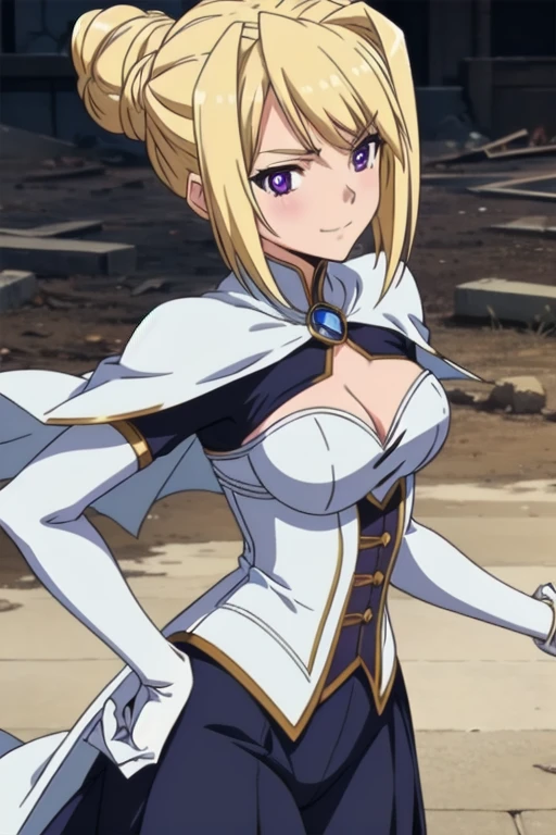 1girl,,big breasts,standing in ruined city,(8k),scratches,detailed face,blond hair,purple eyes,short hair,embarassed,small smile face,bun,hair, high_res, high_definition,the battlefield,battle pose,white corset,white cape,white gloves, (Emma Frost Custome:1.1),