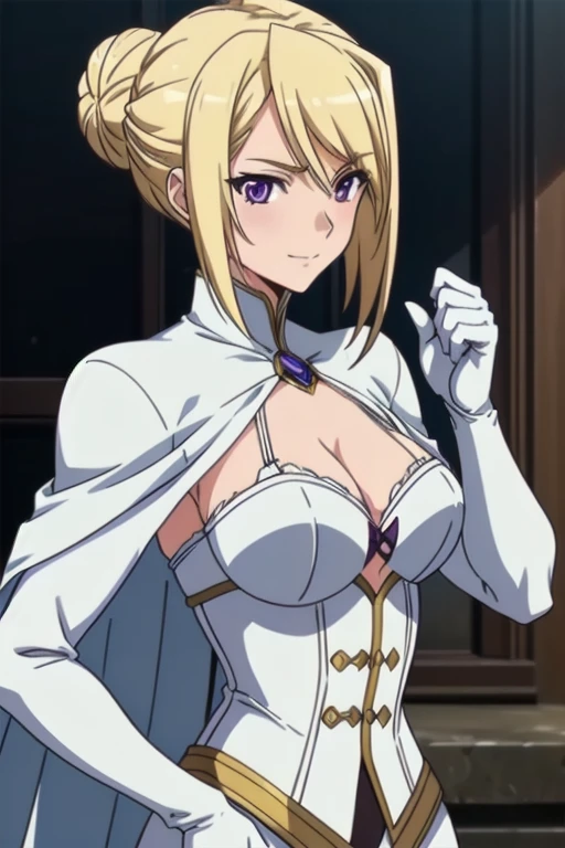 1girl,,big breasts,standing in ruined city,(8k),scratches,detailed face,blond hair,purple eyes,short hair,embarassed,small smile face,bun,hair, high_res, high_definition,the battlefield,battle pose,white corset,white cape,white gloves, (Emma Frost Custome:1.1),