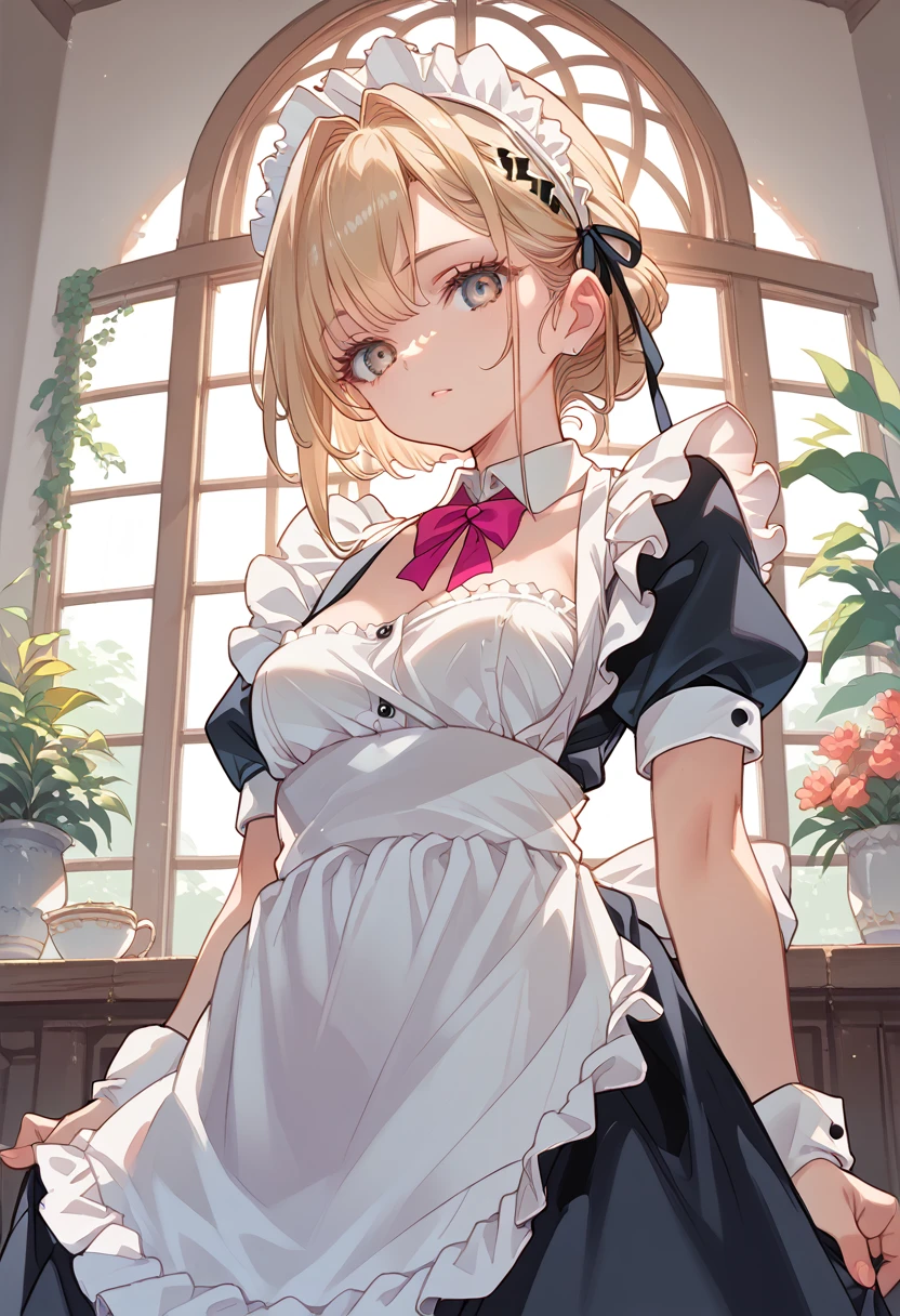 ((beautiful maid:1.5),High resolution, highest quality),wear a maid&#39;s uniform,soft hands, big bright eyes, dark and bright curly hair, nice smile, rosy cheeks, soft light, pure white background.  