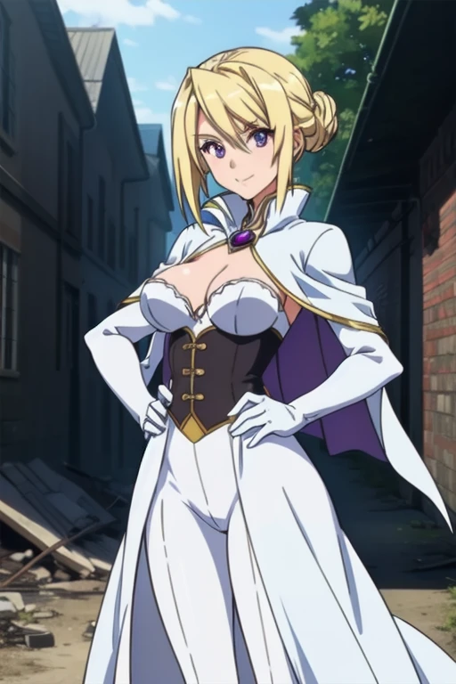 1girl,,big breasts,standing in ruined city,(8k),scratches,detailed face,blond hair, purple eyes, short hair, small smile face,bun,hair, ,white corset,white cape,white gloves, (Emma Frost Custome:1.1),