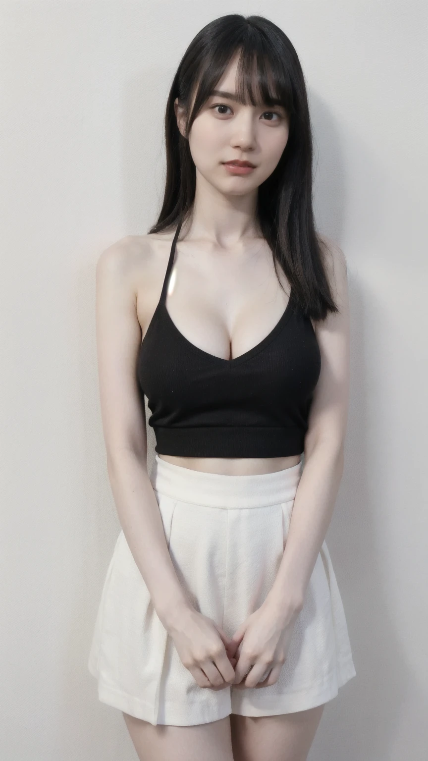 （lifelike,high resolution：1.3）， slim girl， The face shape and eyes are really delicate.,black hair,red glossy lips,(beautiful face), (best quality), (very detailed), (very detailed CG 통합 8k 벽지),(red tank top),(white background),(a little cleavage),(model photo),sexy look,big eyes,(standing),(short skirt)，eyes looking at the audience,soft chest,big breasts,soft chest,character center,black hair,model pose,