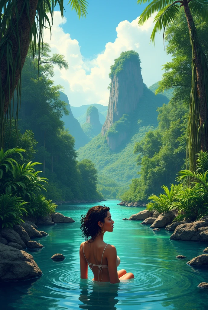 A woman with long dark hair stands in the water, water rippling around her & reflecting light | She wears a light bikini & the vibrant, clear water mirrors her graceful figure | Behind her, a serene natural cavern with an arching opening | Soft beams of sunlight filter through lush green foliage & illuminate a cascading waterfall | The waterfall flows into a calm, reflective pool below | The mirrored greenery & sunlight create a peaceful & enchanting atmosphere.