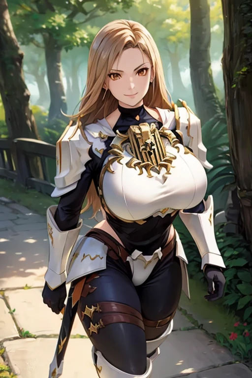 a woman wearing very heavy white armor with gold trim, wearing a dark brown hunting suit, squeezing, long beige hair, orange eyes, smiling, big breasts, in a fantasy forest, walking on a concrete walkway, holding a shield,HDR, masterpiece, well defined, ultra resolution, high quality, 8k HD. (just a woman, solo)
