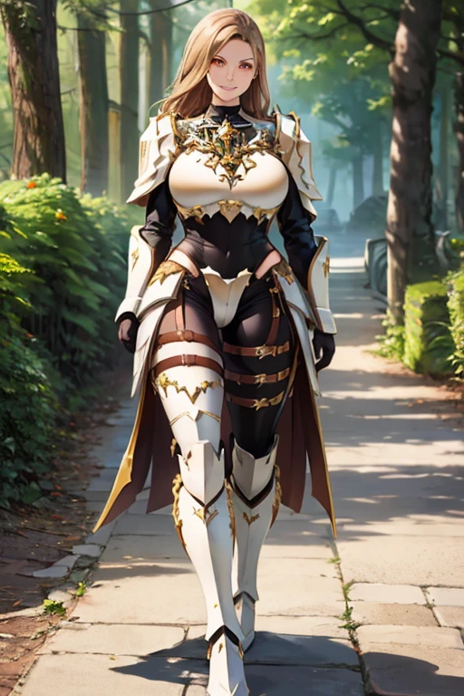 a woman wearing very heavy white armor with gold trim, wearing a dark brown hunting suit, squeezing, long beige hair, orange eyes, smiling, big breasts, in a fantasy forest, walking on a concrete walkway, holding a shield,HDR, masterpiece, well defined, ultra resolution, high quality, 8k HD. (just a woman, solo)
