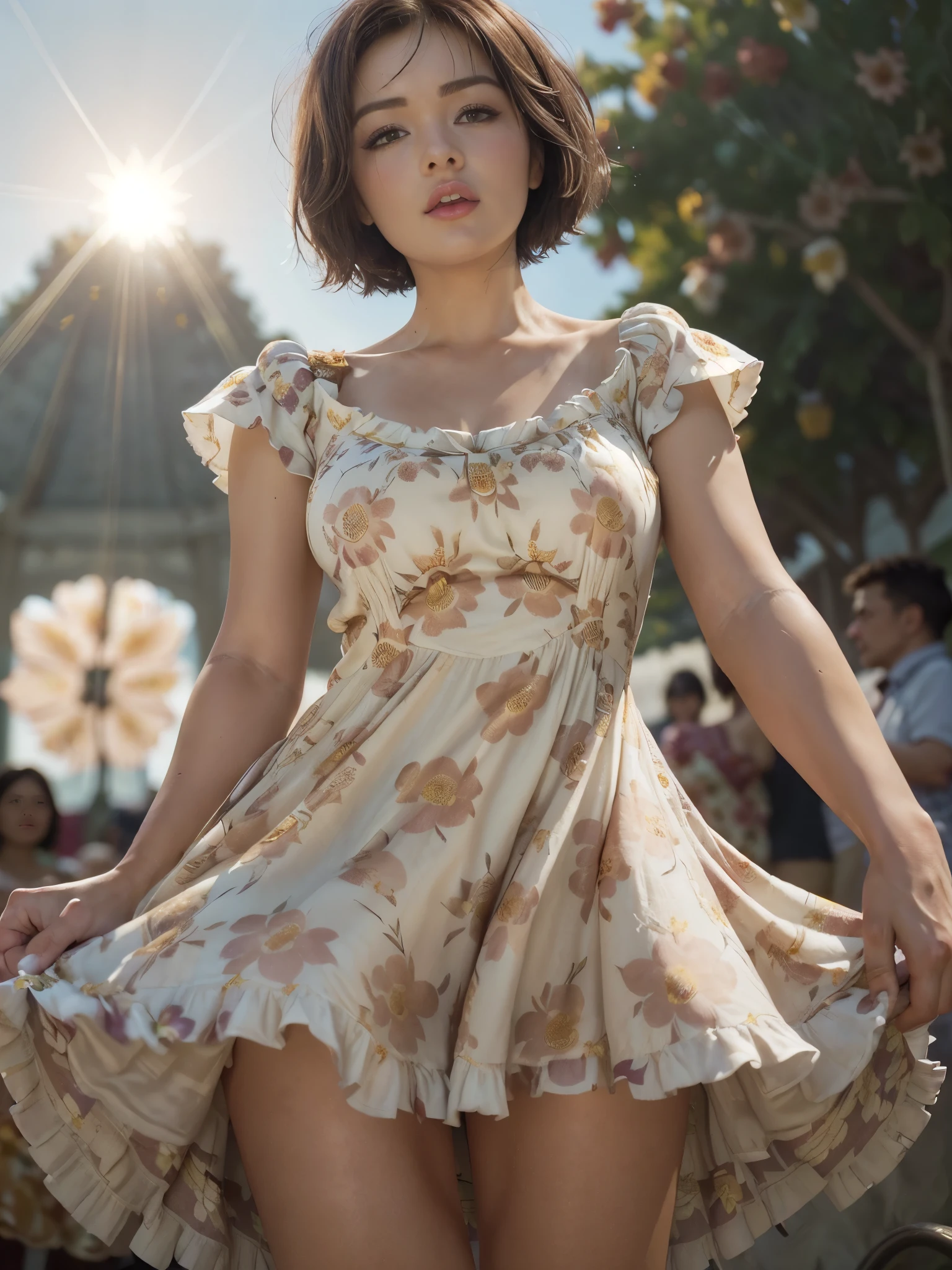 best quality, 1girl, (skindentation), (blur background:0.6), in a crowded amusement park, (casual yet stylish, elegant cloth,floral dress:1.5 ), gorgeous, (short hair:1.5), soft lighting, wind, (front light:1.5), surprised, charley.atwell 