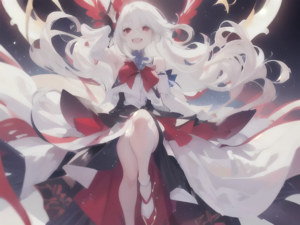 white color hair,long whitr hair,red color eyes,Wear a red dress,Wear a black witch hat,Expose your legs,Royal sister,Stand up,Black and blue behemoth background