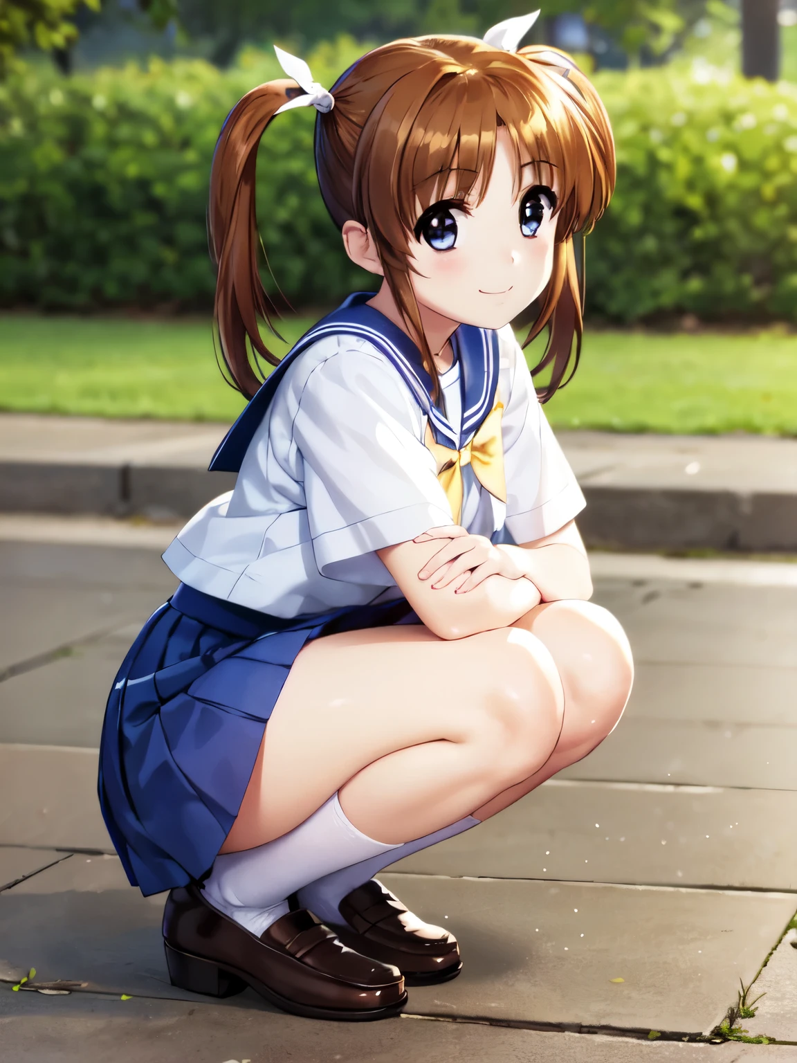 Highest quality,solo、One Girl、Side shot、smile、(Anime illustration style),takamachi nanoha, Brown Hair, Twin tails, blue eyes、Japanese school girl uniform, Sailor suit、(Beautiful brown eyes、Sparkling Eyes, fine grain)、smile、Closed Mouth, Very detailed、Cowboy Shot, (Realistic, Photorealistic:1.3), Shift the center of gravity backwards, (Squat:1.2), Place your heels on the ground, Squat