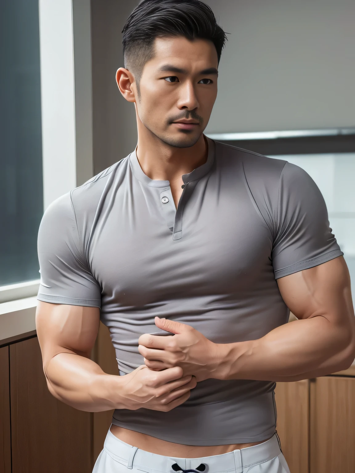 Thai man ,man，He is about 30 years old.，Rough and handsome appearance，Big muscles，large pectoral muscles，polo shirt park，Big waistline，chest hair，sitting on the roadside，Wearing the tongs，buzz cut, angry, sullen, best quality, Masterpiece，(Kitchen Background:1.5)，（Have muscles：4.5），（fat：1.5），（gray hair：1.5 ），（gray body hair：1.5），（skin wrinkles：1.5），（shine on the skin：1.5），