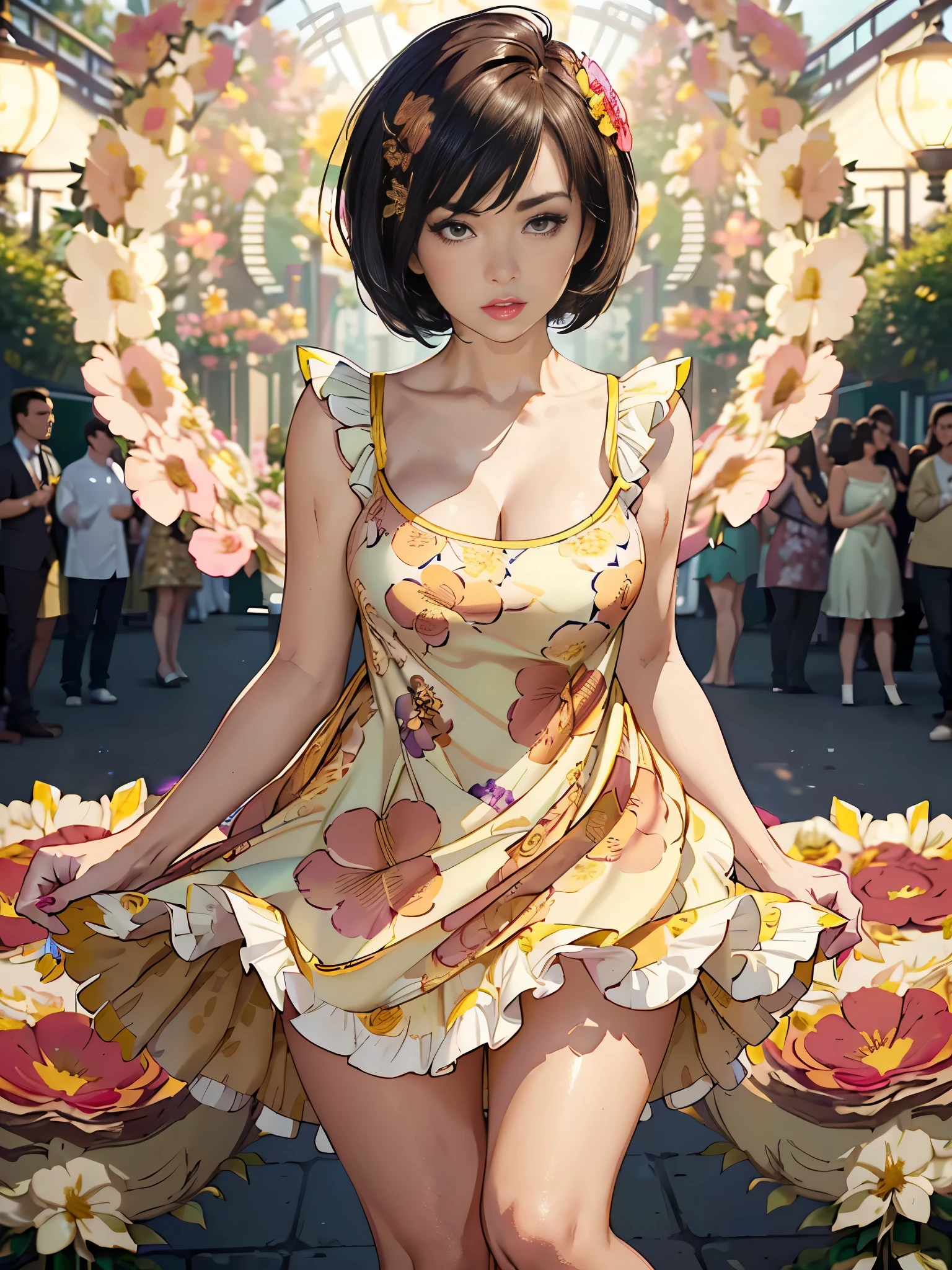 sassy style, puffy lips, detailed background, soft face, fit, cameltoe, parched, cameltoe, 8k masterpiece will illustrate a unique, wavy mini skirt, Luminism painting, Flower market and vibrant colors,cleavage, masterpiece, detailed,