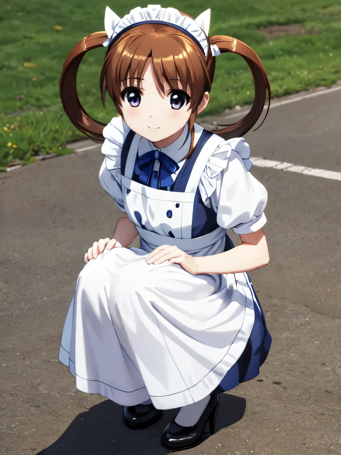 Highest quality,solo、One Girl、Side shot、smile、(Anime illustration style),takamachi nanoha, Brown Hair, Twin tails, blue eyes、Maid clothes、(ビクトリア朝Maid clothes:1.3)、(Beautiful brown eyes、Sparkling Eyes, fine grain)、smile、Closed Mouth, Very detailed、Cowboy Shot, (Realistic, Photorealistic:1.3), Shift the center of gravity backwards, (Squat:1.2), Place your heels on the ground, Squat