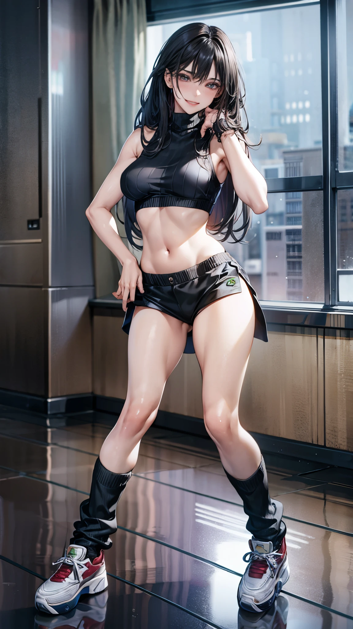 (Masterpiece:1.2, best quality : 1.2, illustration), Gorgeous caucasian woman, (beautiful face), long black hair, (long eyelashes), long thick eyebrows, ((symmetrical eyes)), (beautiful green eyes), (bangs), bangs over one eye, one eye covered by hair, wind blowing hair, ((red glossy lips)), red cheeks, pale white skin, (collarbone), (off-shoulder jacket), black bra underneath, visible cleavage, bare waist (short mini skirt), long legs, ((visible thigh)), dynamic standing pose, slighly bent forward, looking towards the viewer, (dark environment),(perfect face), ((near a river)), ((pebbles)), (snow mountains in background), ((wallpaper)), highres, 4k, 8k, 1080, HD, Intrinsic details, aesthetic outdoors, ((blurry background)), highly focused, extremely detailed, award-winning, (shadow effect),((detailed face)), (detailed eys), ((symmetrical eyes))
