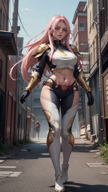 (Highly quality, masterpiece, detailed), realistic 1.5, detailed face, detailed eyes, Destroyed city detailed scenario, destroyed city detailed background, 20 years old girl, solo, angry, hero suit, straight hair, white and pink hair, Gold belt, gold wristband, Gold Shoulder pad, gold breast plates, 1girl, full body, big breasts, athletic body, crop top, Abdomen, Navel, beautiful eyes, perfect eyes, looking at the viewer, Sexy pose