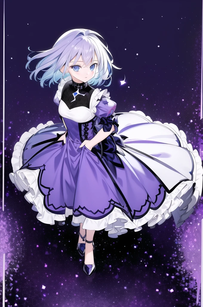 masterpiece,(best quality),(1girl) ,solo,(high contrast:1.2),(high saturation:1.2), ((hands on the pocket)),((black and white sdress)),looking at viewer,((purple and blue theme:1.3)),((purple and blue background:1.5)),white hair,blue eyes,((walking:1.3)),full body,black footwear,((the blue water on ground reflecting the starry sky and nebula and galaxy)),((from above:1.2))  