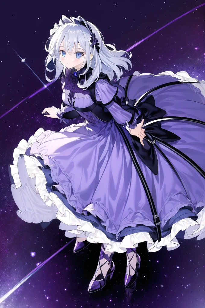 masterpiece,(best quality),(1girl) ,solo,(high contrast:1.2),(high saturation:1.2), ((hands on the pocket)),((black and white sdress)),looking at viewer,((purple and blue theme:1.3)),((purple and blue background:1.5)),white hair,blue eyes,((walking:1.3)),full body,black footwear,((the blue water on ground reflecting the starry sky and nebula and galaxy)),((from above:1.2))  