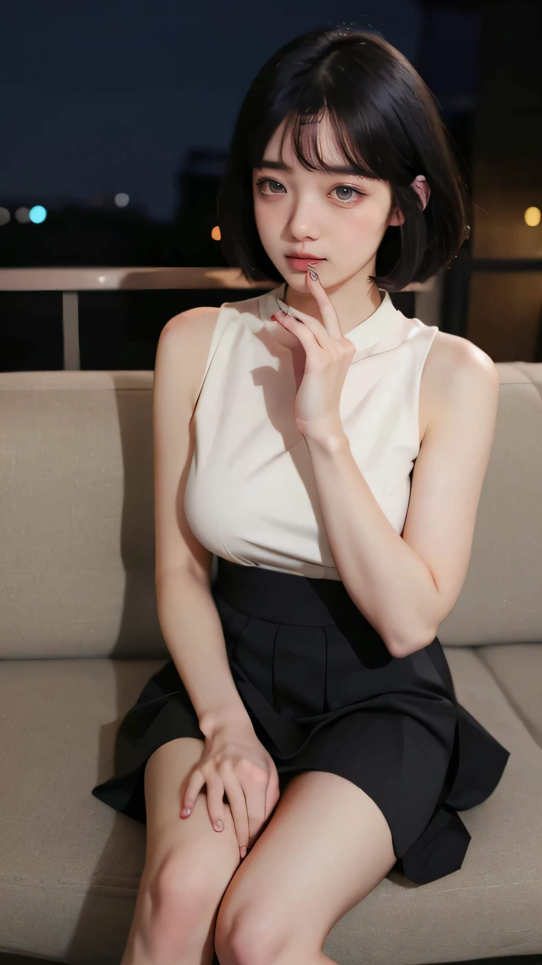 (8K, Raw photo, Best Quality, masutepiece:1.2), (Realistic, Photorealsitic:1.37), Ultra-detailed, 1 girl,Cute, Solo,Beautiful detailed sky,Detailed Cafe,Night,Sitting,Dating,(nose blush),(lightsmile:1.1), medium breasts,Beautiful detailed eyes,(Collared shirt:1.1), bowtie,Pleated skirt,(Short hair:1.2),Floating hair、Black shirt