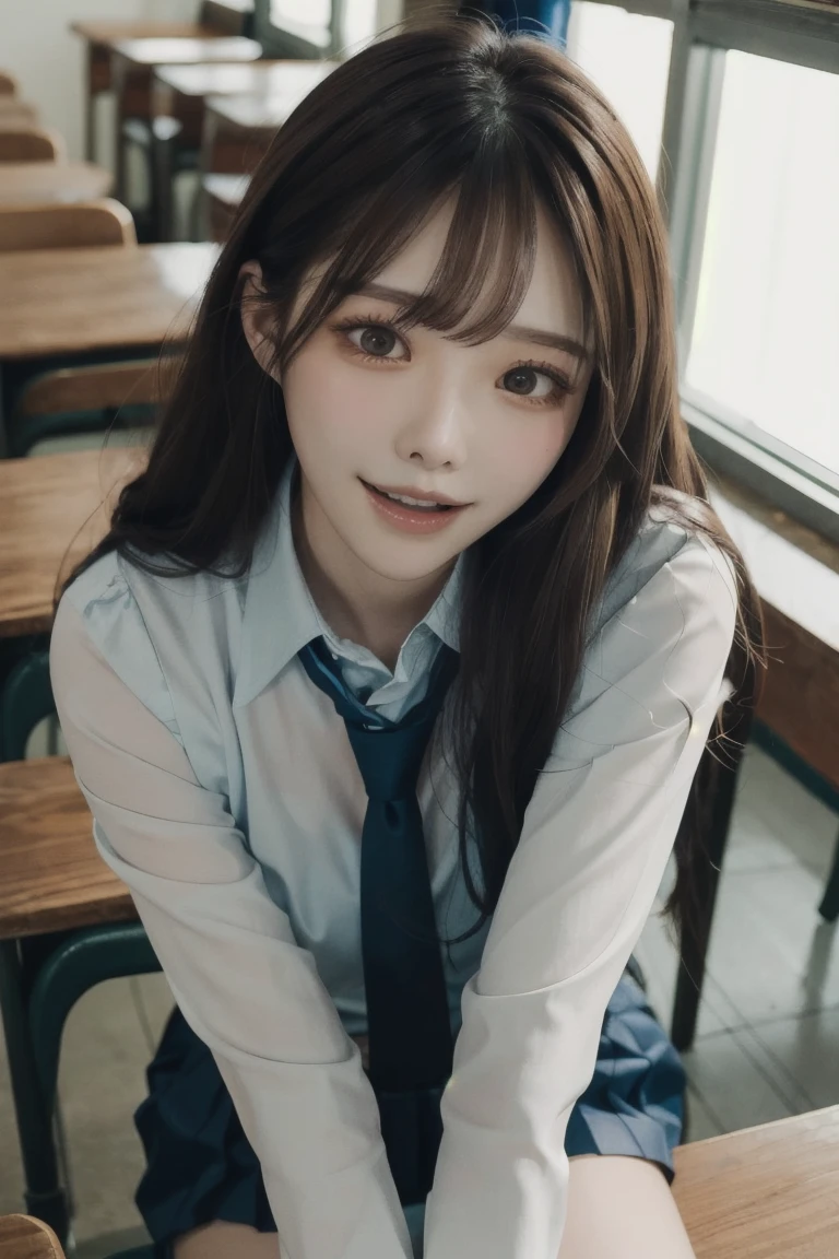 Extremely detailed depiction, masterpiece, Highest quality, Highest quality, High resolution, 4K, 8k, RAW Photos, (Very aesthetic, Beautiful and aesthetic), One girl, Make eye contact, Upper Body, Arina Hashimoto, , looking at viewer、school uniform,, pleated skirt, and knee-high socks、、blunt bangs、side bangs、straight hair、,classroom, desk, smile,Sitting、Looking up、Top view,Kneeling、(open mouth:1.3),