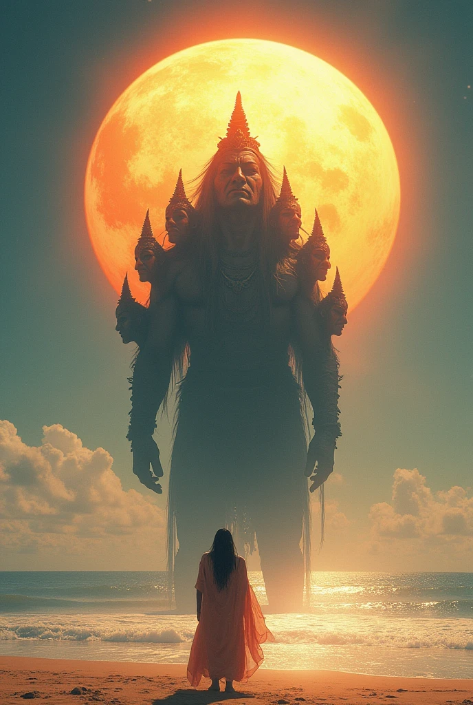 The Moon Pleading for Forgiveness
"The moon, now appearing smaller and dimmer, shows a remorseful expression, pleading for Ganesh's forgiveness. Ganesh, while still stern, looks more composed as he listens to the moon's plea. The scene is calm but carries the weight of the moon's regret and Ganesh's authority."