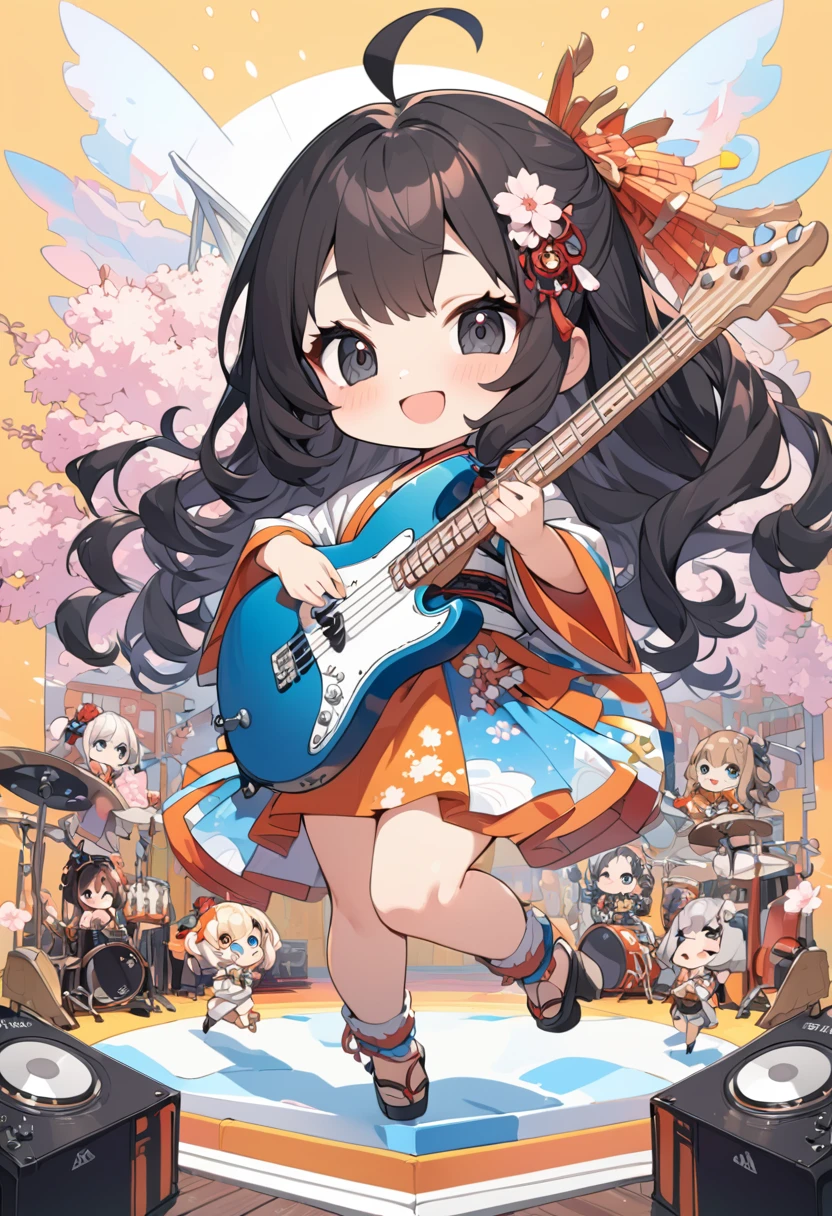 female child, four girls playing musical instruments, solo vocalist jumping, bass, electric guitar, drum set, glad, smiling, looking at viewer, hime cut, ahoge, wavy hair, black hair, black eyes, big eyes, fair skin, chibi, cute various kimono, Japanese hairpin, outdoor stage with golden cherry blossoms background, gold background, Japanese style band, masterpiece, best quality, detailed, ultra detailed, hyper detailed, insanely detailed, exquisite, beautiful, Full-HD, 16K, cute, fantasy, vibrant academia, anime, 2d anime, chibi anime, icon, soft lines, soft surface, simple line drawing, full body shot, front view, best light, fast shutter speed, depth of field, highly saturated colors, vibrant colors, pale colors, best hand,