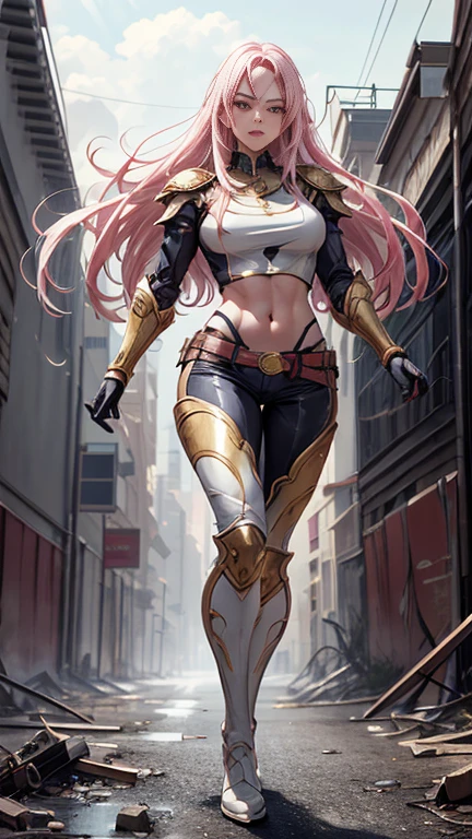 (Highly quality, masterpiece, detailed), realistic 1.5, detailed face, perfect eyes, Destroyed city detailed scenario, destroyed city detailed background, 20 years old girl, solo, angry, hero suit, straight hair, white and pink hair, Gold belt, gold wristband, Gold Shoulder pad, gold breast plates, 1girl, full body, big breasts, athletic body, crop top, Abdomen, Navel, beautiful eyes, perfect eyes, looking at the viewer, Sexy pose