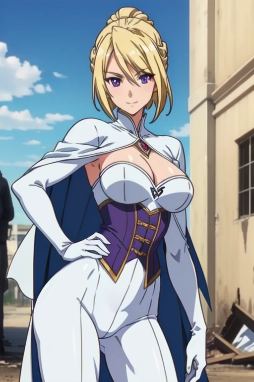 1girl,,big breasts,standing in ruined city,(8k),scratches,detailed face,blond hair, purple eyes, short hair, small smile face,bun,hair, ,white corset,white cape,white gloves, (Emma Frost Custome:1.1),