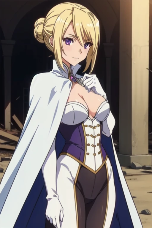 1girl,,big breasts,standing in ruined city,(8k),scratches,detailed face,blond hair, purple eyes, short hair, small smile face,bun,hair, ,white corset,white cape,white gloves, (Emma Frost Custome:1.1),