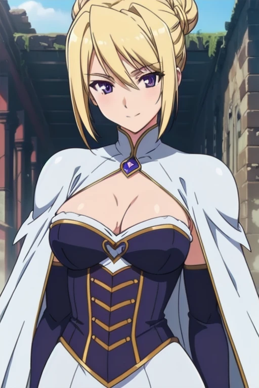 1girl,,big breasts,standing in ruined city,(8k),scratches,detailed face,blond hair, purple eyes, short hair, small smile face,bun,hair, ,white corset,white cape,white gloves, (Emma Frost Custome:1.1),