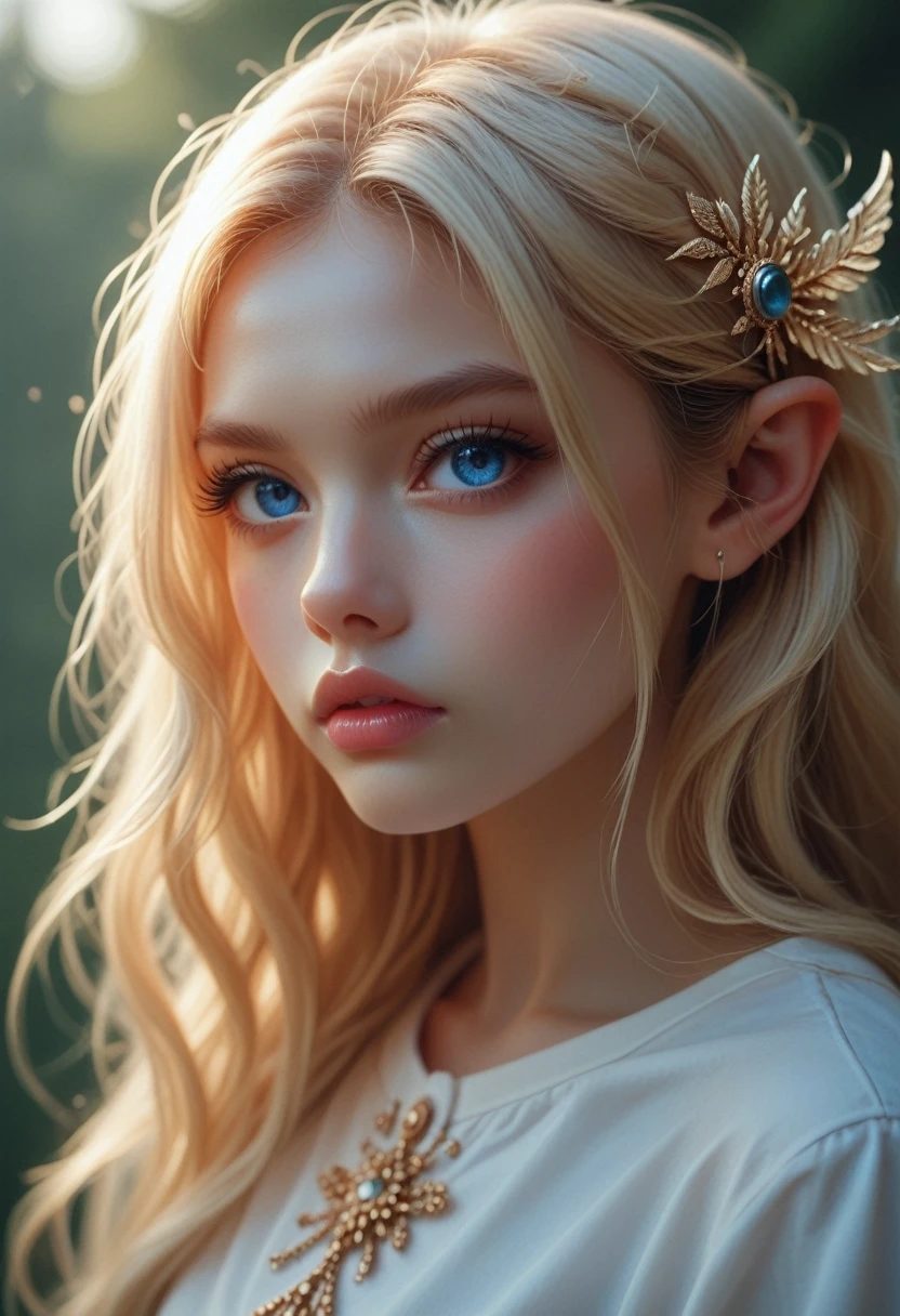 (most detailed),close-up view of a young girl exploring a magical encounter,gigantic mushroom,ethereal butterflies,misty wonderland,enchanting details,(best quality,4k,8k,highres,masterpiece:1.2),ultra-detailed,realistic,beautiful detailed eyes,beautiful detailed lips,long eyelashes,enchanted forest,fairy tale ambiance,vibrant colors,soft lighting,magical glow, (((small breasts))), realistic small breasts, collar bone, include colors white pearl orange gold teal