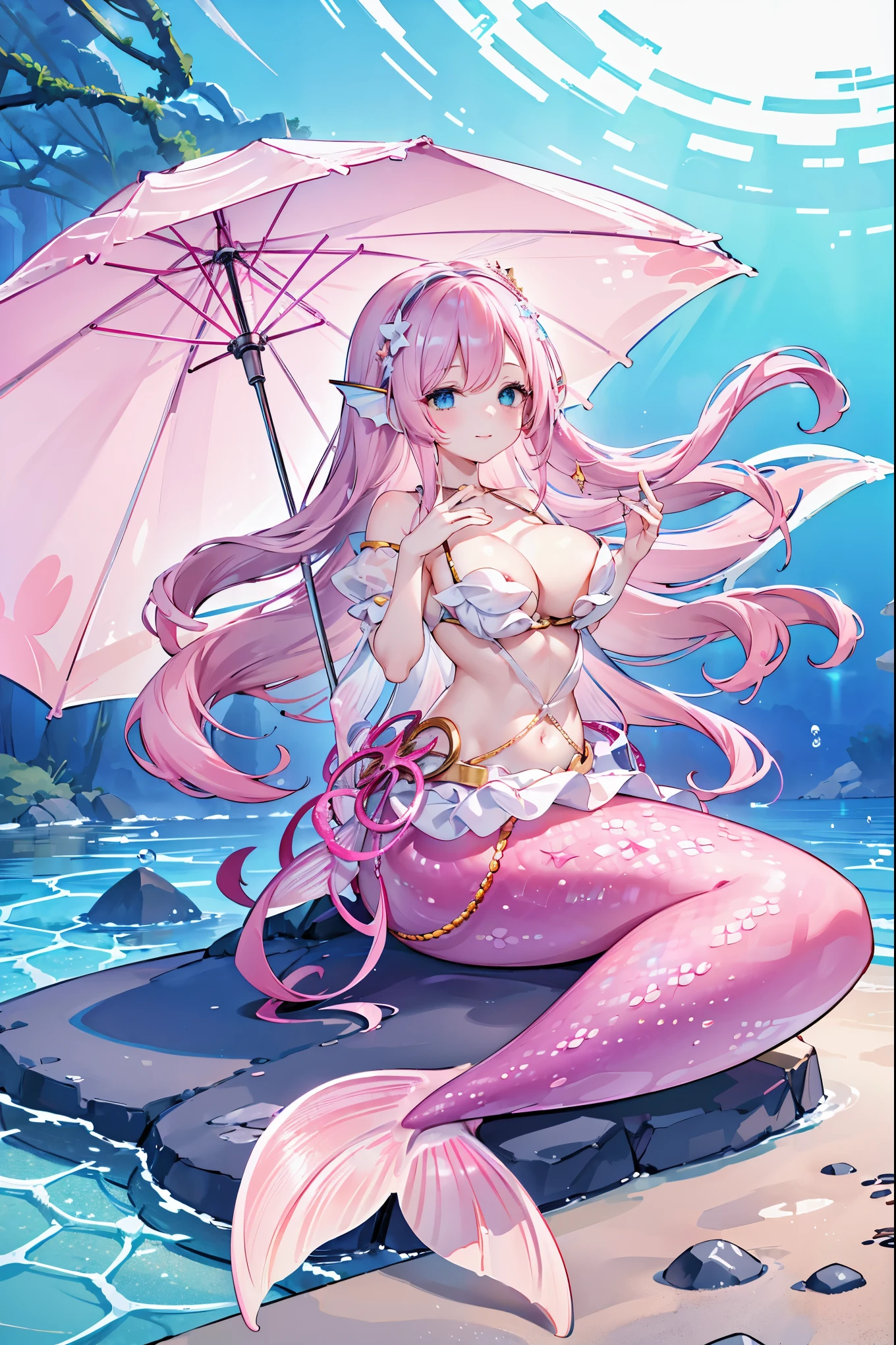 (masterpiece, best quality),A girl,Pink Hair,Hair accessories,White Dress,blue eyes,Head fin,Unique,Large Breasts,Mermaid,粉色的Mermaid尾巴,Full body shot,(Underwater:1.2),seabed,charming face(Kawaii, charming,Soft),Smile