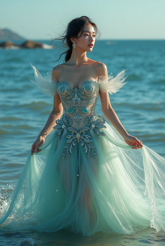 Alafed woman in thin light green dress standing on the beach, Flowing gown, fantasy long intricate gown, A flowing dress, ethereal beauty, sexy gown, dressed beautiful gown, jaw-dropping beauty, Flowing light green dress, full pose, Beautiful Gowns, jen zee, jaw dropping beauty, wearing flowing dress, stunning elegant, Full length view, Light green gown, translucent  dress