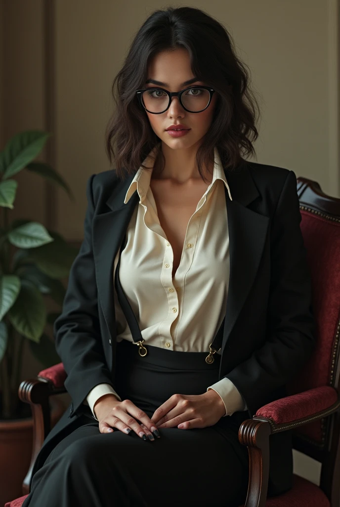 (8K,Photorealsitic Raw photography top-quality;1.4) (1 mature female) Super beauty (Lifelike face) Muscular and macho female body (A dark-haired) Elite Female Head enticing Beautiful expression Silver glasses White blouse and beige skirt Wear a beige jacket 超A high resolution A hyper-realistic real looking skin high detal A room in the company Sit cross-legged in a high-end chair