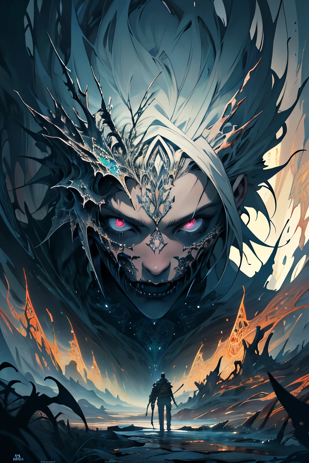 Female Demon Warrior, A fierce female warrior wearing spiked Black scaly helmet, silver armor, side face, white hair, red glowing unknown face, the messenger of hell,Skeletal ram horns crown her head and green hellfire rises behind her. 3Drenderingof,rendering by octane,超高分辨率,tmasterpiece,awardwinning,Style: Dynamic Digital Painting Artists: Wei Feng, Jaemin Kim's amazing 8K character concept art, epic exquisite character art, 8K stunning artwork