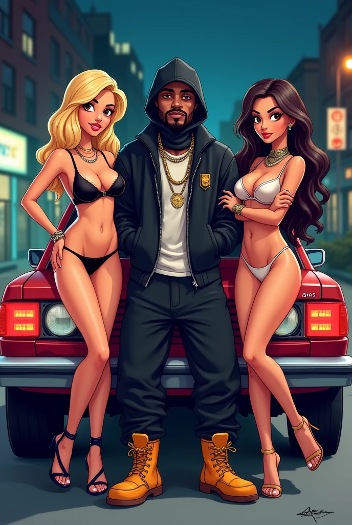 1man puerto rican ((dark skin)) gta style in basket ball court in puerto ricobeard fade hair cut nice edge up gold chains gold esrings full body portrait((,animation)) hands in pocket urban clothing black and red holding a massive pitt bull with a thick chain leash and a sexy thick lady next to him micro clothing