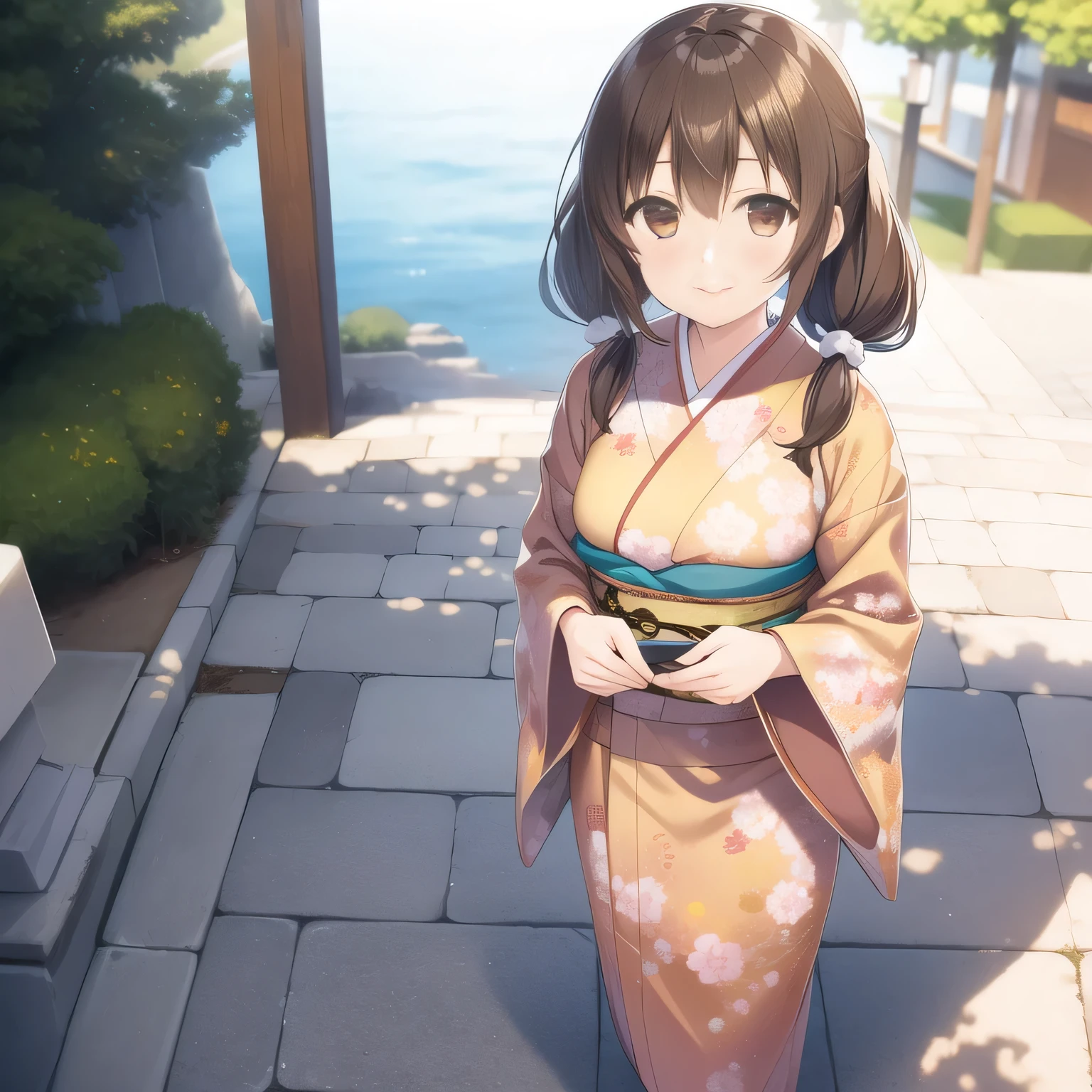 outdoors,
smile,
solo,
AyanaFujisawa,1girl,brown hair,low twintails,brown eyes,
full body,standing,
print_kimono,