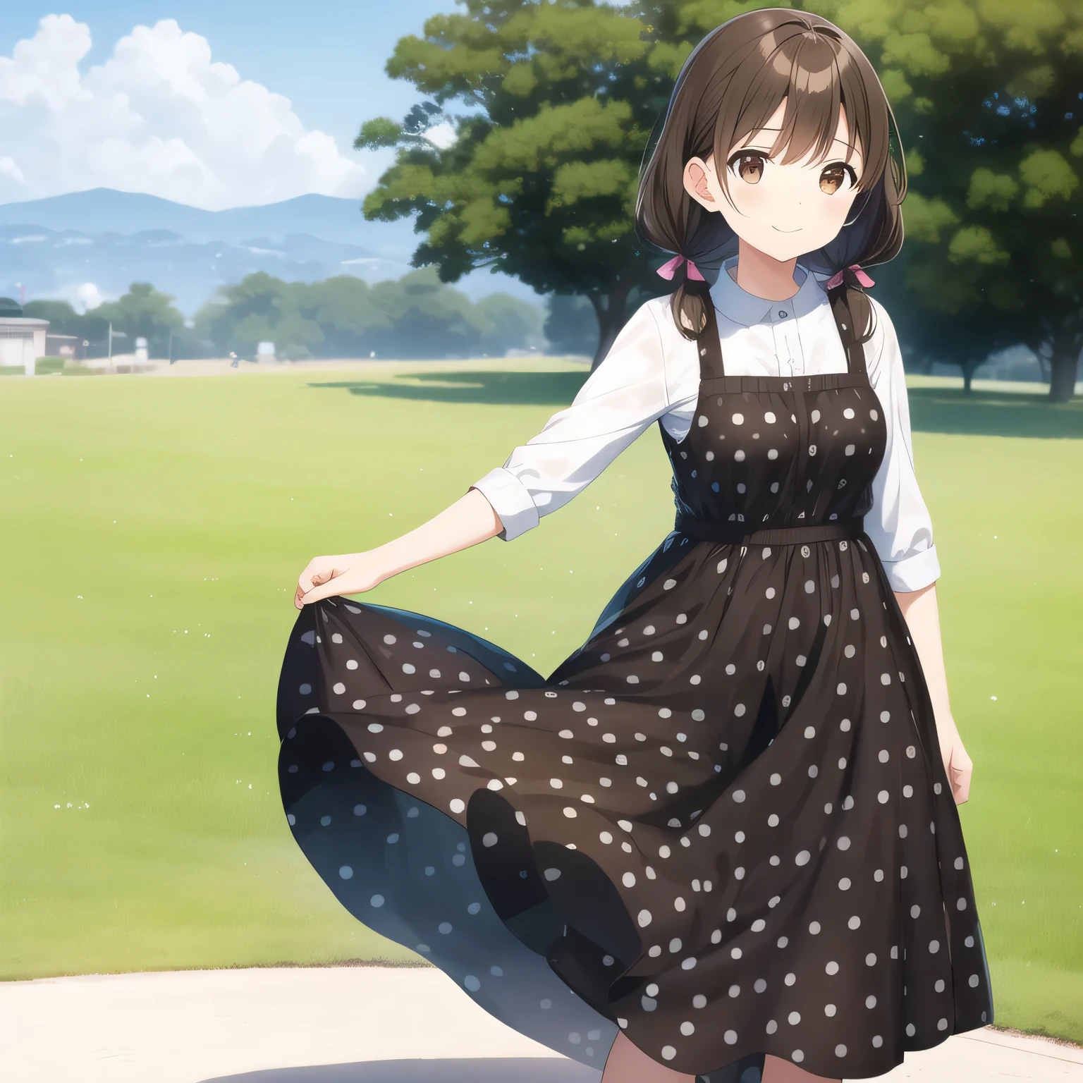 outdoors,
smile,
solo,
AyanaFujisawa,1girl,brown hair,low twintails,brown eyes,
full body,standing,
polka_dot_dress,black dress,