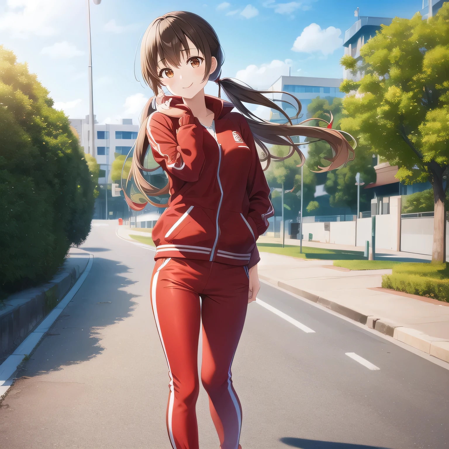 outdoors,
smile,
solo,
AyanaFujisawa,1girl,brown hair,low twintails,brown eyes,
full body,standing,
red track jacket,red pants,