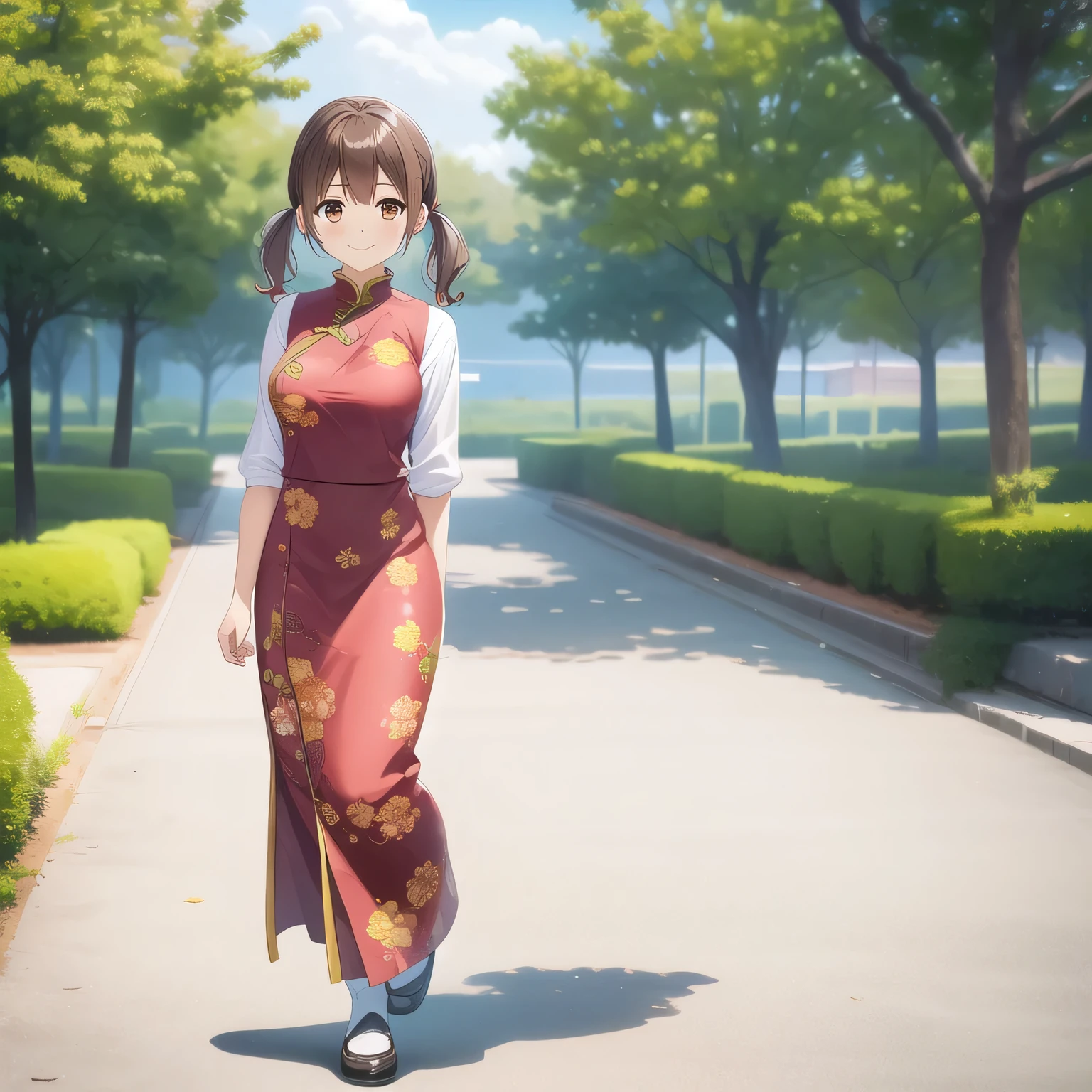 outdoors,
smile,
solo,
AyanaFujisawa,1girl,brown hair,low twintails,brown eyes,
full body,standing,
print_cheongsam,