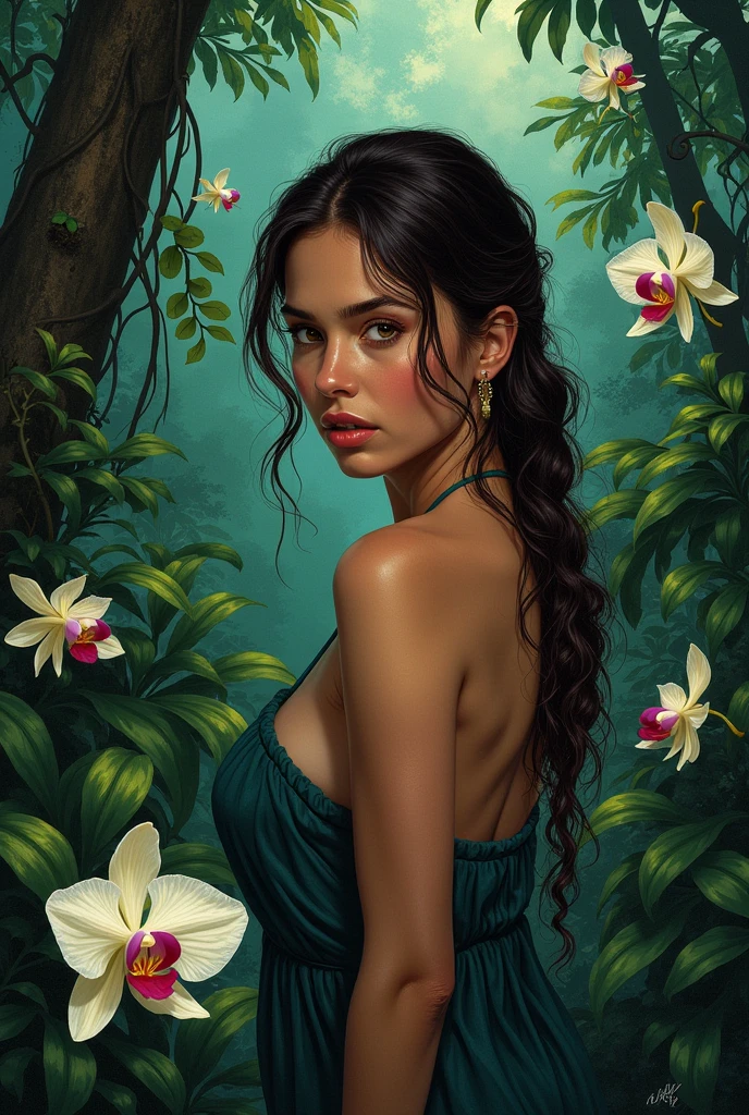 a beautiful woman with long black hair relaxing in a hot spring in the middle of a wild jungle, her naked body partially obscured by the steam, an erotic and lascivious scene,(best quality,4k,8k,highres,masterpiece:1.2),ultra-detailed,(realistic,photorealistic,photo-realistic:1.37),oil painting,extremely detailed face and body,sensual,erotic,extremely detailed eyes and lips,detailed water vapor,detailed jungle foliage,detailed water splashing,dramatic lighting,muted color palette,chiaroscuro lighting