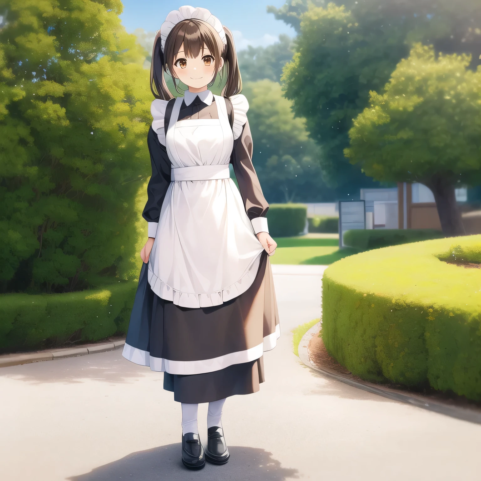 outdoors,
smile,
solo,
AyanaFujisawa,1girl,brown hair,low twintails,brown eyes,
full body,standing,
maid,