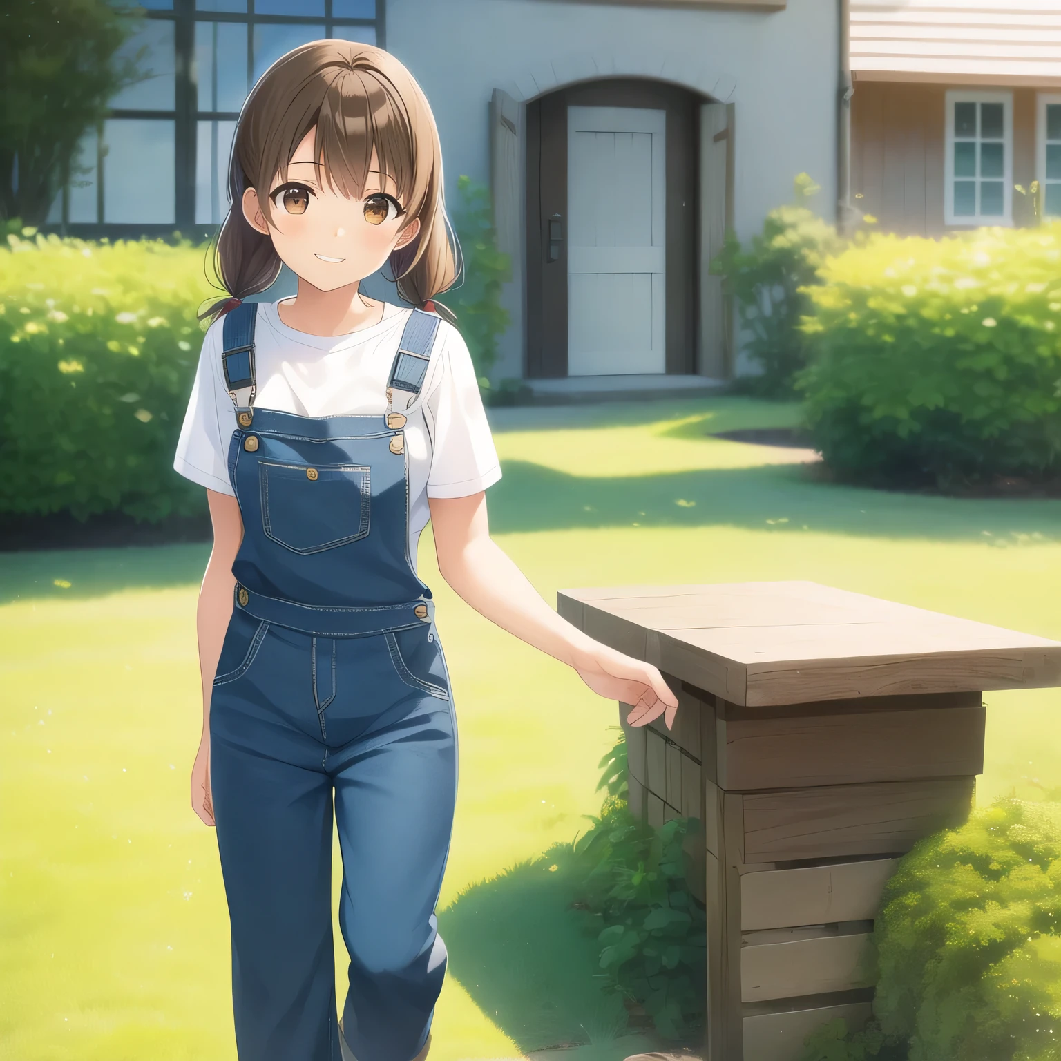 outdoors,
smile,
solo,
AyanaFujisawa,1girl,brown hair,low twintails,brown eyes,
full body,standing,
overalls,