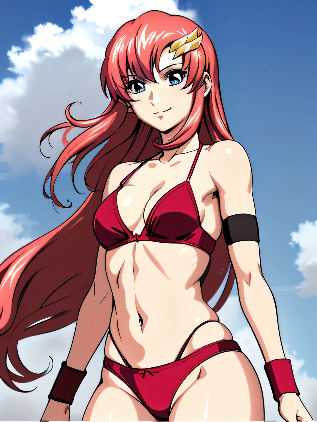 lacus4, ((naked, exposed pussy area), running, (pussy), thin girl, masterpiece, cowboy shot, very slim shoulders, 4K, Best Quality, Anime style: 1.9, happy, Adult Woman, (ultra detailed head, ultra detailed head), (Crowd, cloud background, windy), Drawing lines, high resolution, lacus4), 1girl, Solo, curvy figure, clavicle, scapular, (Detailed wide hair bangs, Hair Ornament, Detailed reddish-pink hair, shiny streaks, slim arms, detailed golden crest), cleavage, large hands, (hair cover shoulders). (Big blue eyes, shiny eyes), ((female wrestler, slim arms, thighs)), ((perfect proportions, medium-small breasts, medium thighs)), ((totally red bra, red bra, red arm band, red arm band)), smile with a wink, (standing, hot colors), detailed fingers, (bare shoulders)
