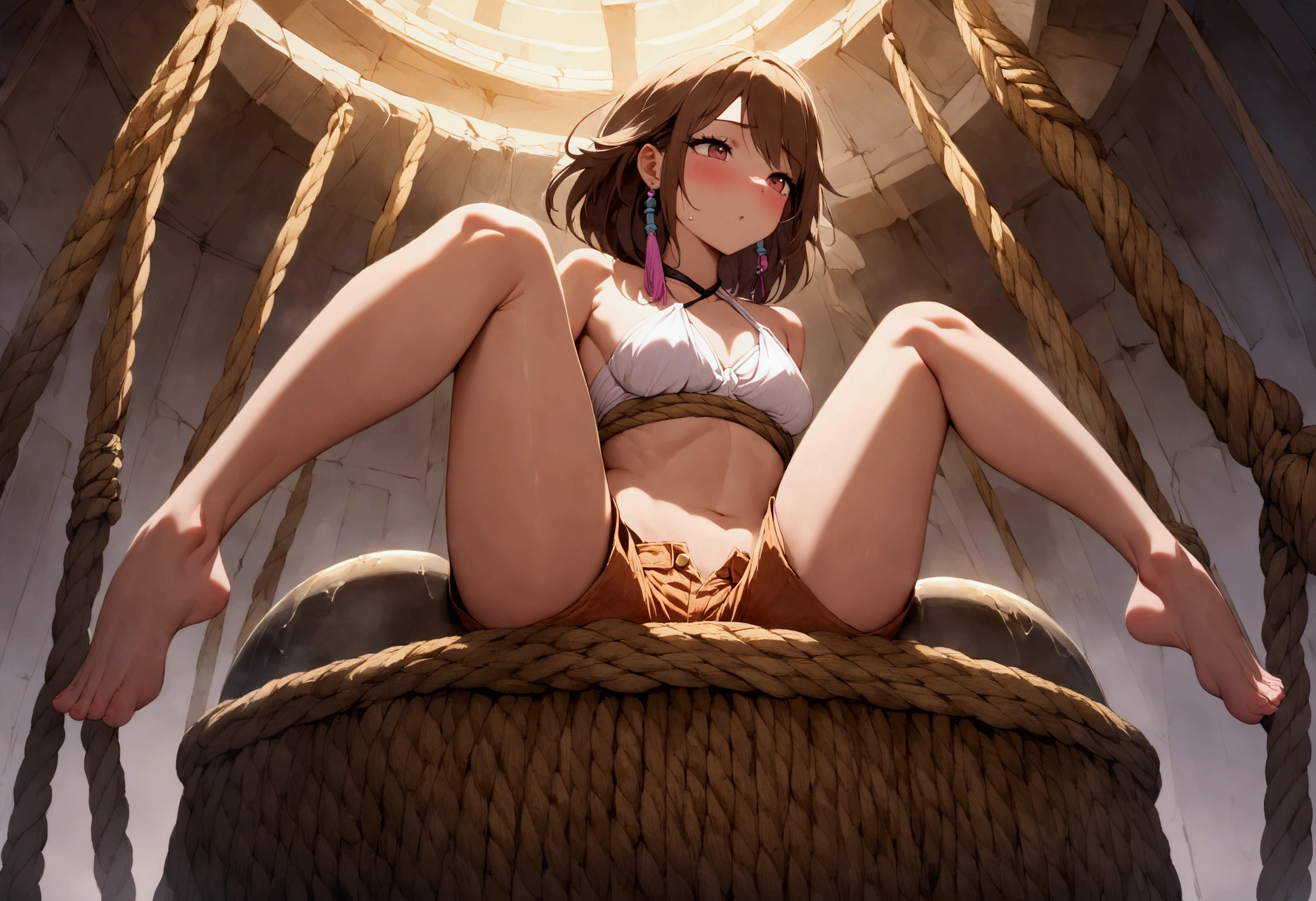 a cute yuna, portraying Indiana Jones(mostly nude, open well worn halter top, daisy duke shorts, arms and legs bound with rope) she has been placed in a large cookpot by cannibals, peril