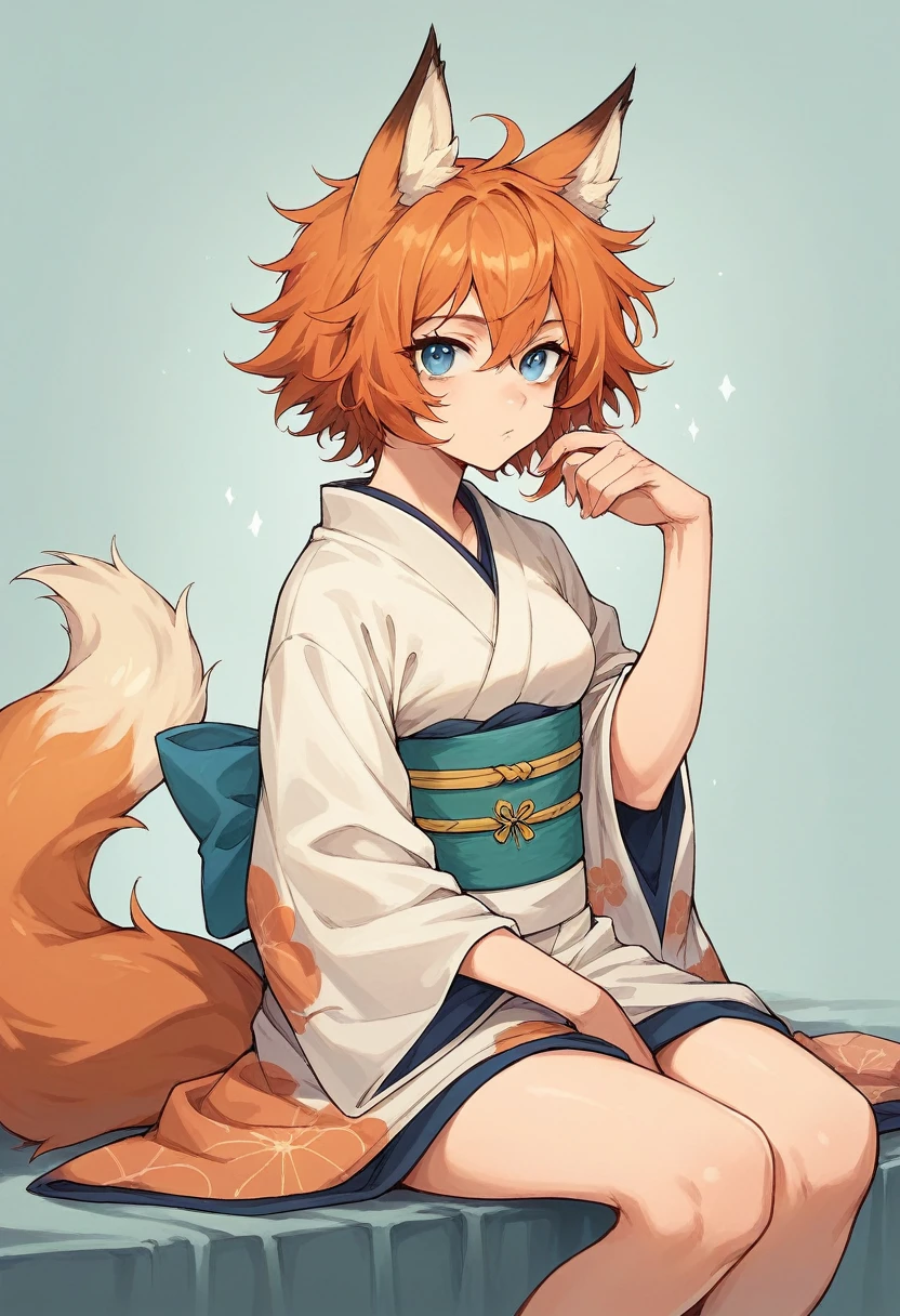 1girl, (orange hair, short messy hair, blue eyes, orange fox ears, orange fox tail) (stoic, leaning backwards, sitting, looking at viewer) (grey traditional kimono)