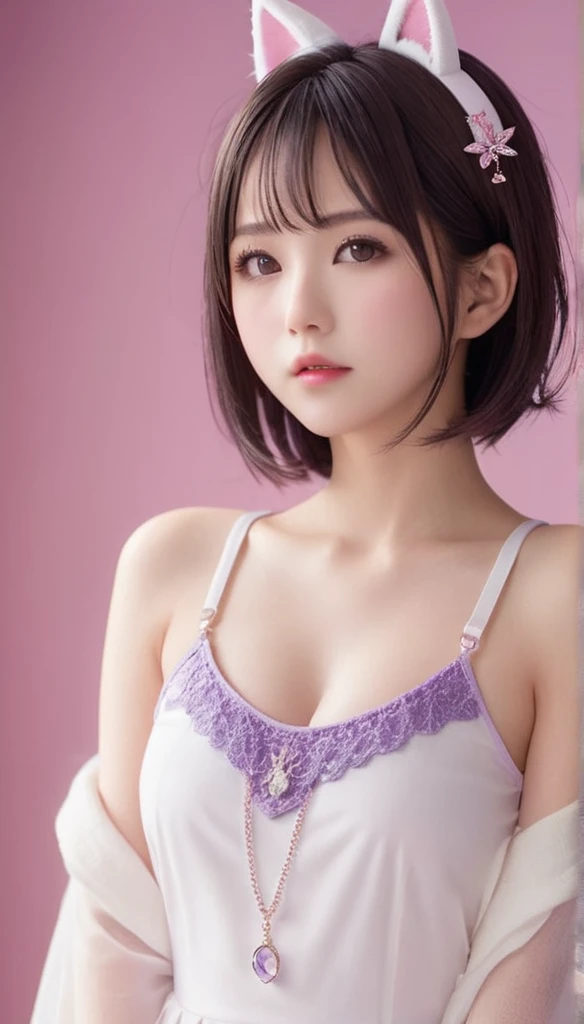 embarrassing pose、lying in bed、light pink nightgown、japanese girl、 girl、small breasts、perfect breasts、perfect skin、perfect body shape、bob hair、black haired、bangs whorl、colorful、Light pink panties、Shy