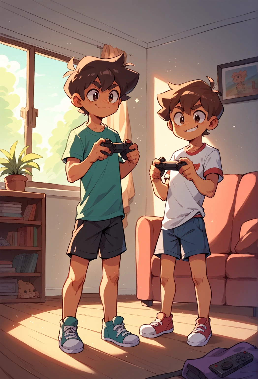 (masterpiece), best quality, high resolution, 2kids, young kid, young male, shorts, casual shirt, in a living room, big penis, by Diives, smirk, standing, sitting, playing xbox games, holding an xbox controller