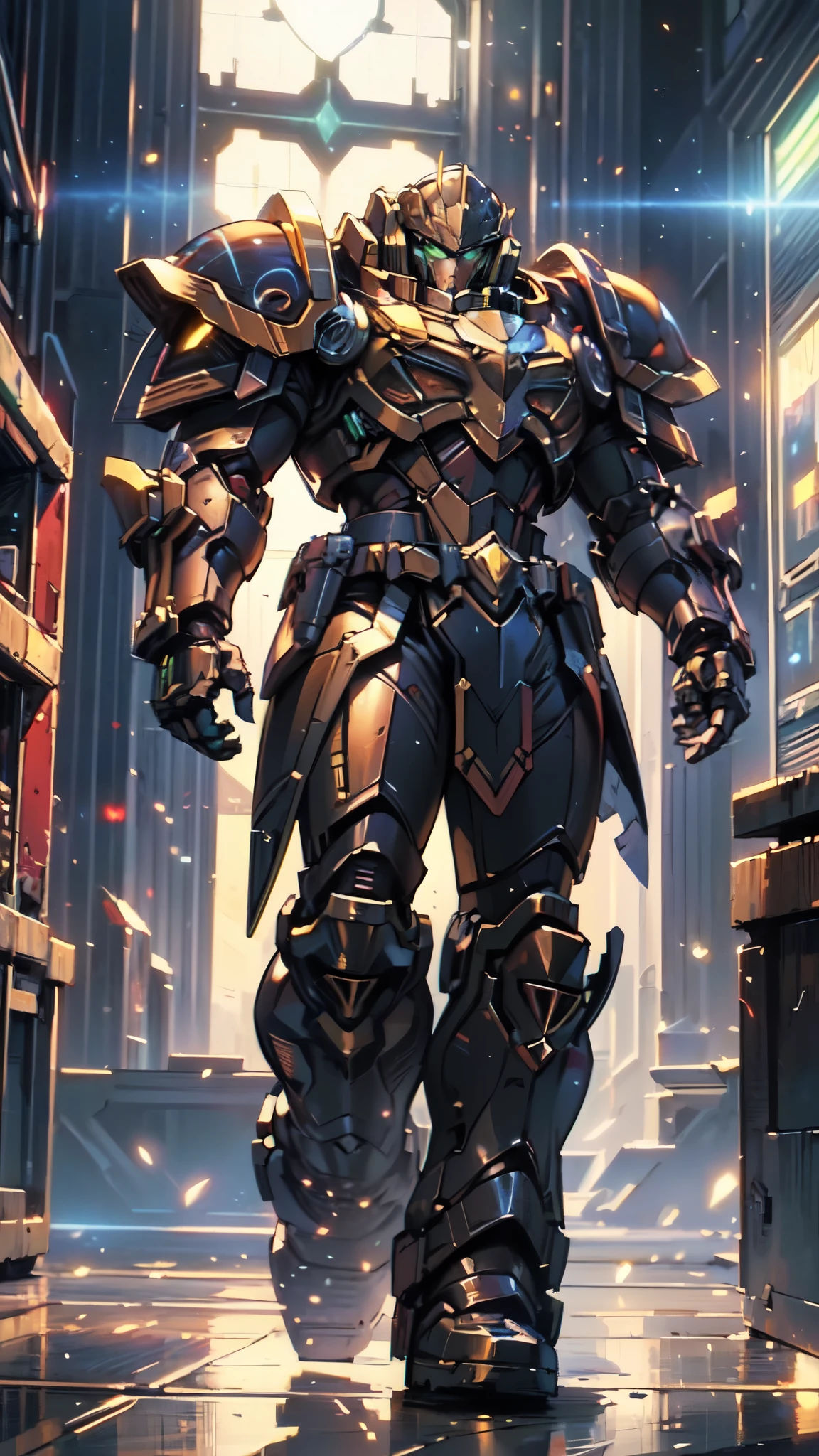 (masterpiece:1.5, best quality:1.5, extremely delicate:1.5), ((male:1.5)), a man wearing a full-face helmet, a biotech armored combat suit, green eyes, (a composite layered chest armor), fully enclosed shoulder guards, matching arm and leg guards, a belt of gemstone, (the color scheme is primarily Red with Green and Yellow accents), the design balances heavy with agility, a high-tech bio-mecha armor, (Armor Concept Inspired by Space Marines, stand of a futuristic sci-fi city), this character embodies a finely crafted fantasy-style armored hero in anime style, exquisite and mature manga art style, (element, plasma, energy, the armor glows), metallic, high definition, highres, ultra-detailed, ultra-fine painting, professional, perfect body proportions, golden ratio, anatomically correct, symmetrical face, extremely detailed eyes and face, high quality eyes, creativity, RAW photo, UHD, 32k, Natural light, cinematic lighting, masterpiece-anatomy-perfect