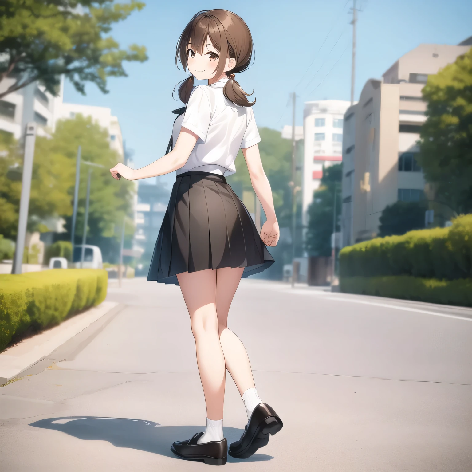 outdoors,
smile,
solo,
AyanaFujisawa,1girl,brown hair,low twintails,brown eyes,
black sailor color,white shirt,short_sleeves,bowtie,
pleated_skirt,black skirt,
white socks,loafers,
full body,standing,looking back,