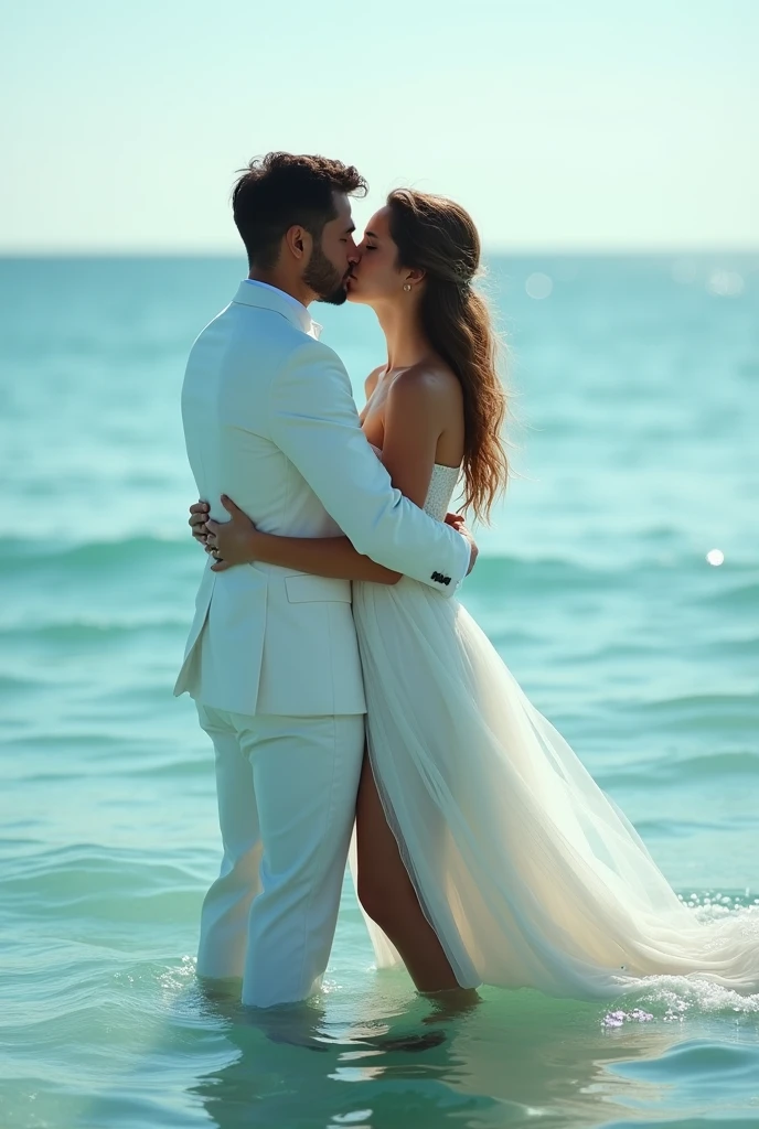 realistic , 1girl beautiful ,1boy handsome groom ,Standing Kiss , beach